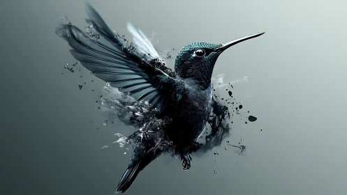 Hummingbird bursts from ink and shadow in frozen mid-flight
