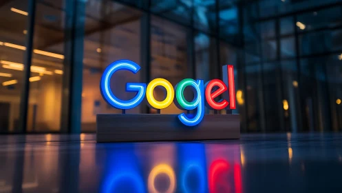 Google Neon Sign in Modern Building Lobby.