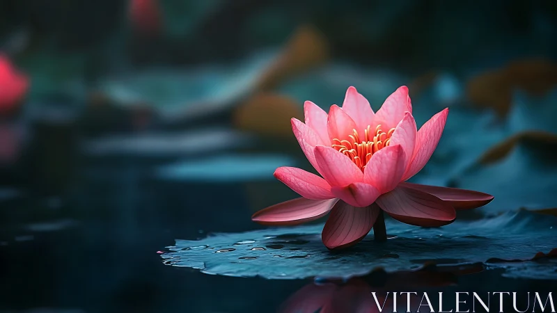 Pink lotus flower is rendered on dark water surface