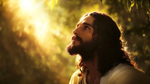 Bearded man gazing upward under warm forest sunlight glow.