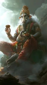 Majestic elephant-headed deity seated above misty cliffs