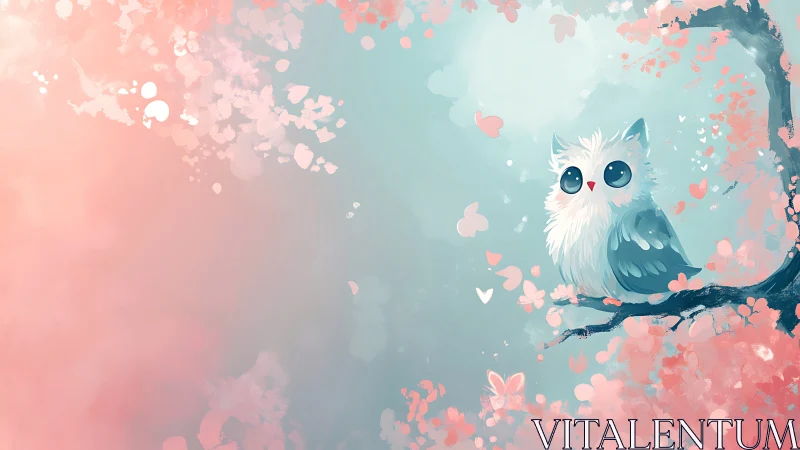 Whimsical Fluffy Owl on Blossom Tree in Pastel Watercolor Style.