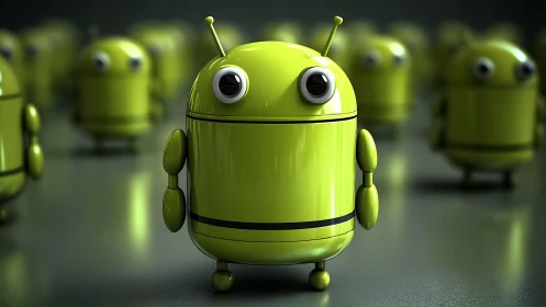 Green robot figure stands in focus before blurred robots