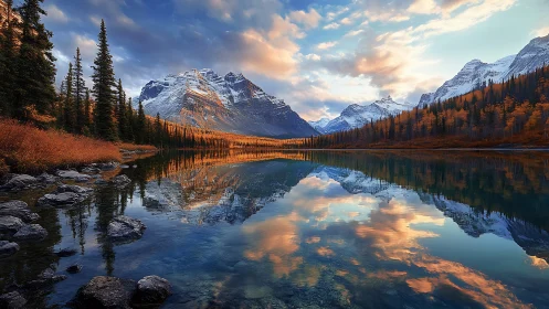 Sunlit alpine lake mirrors snow peaks and autumn forest.