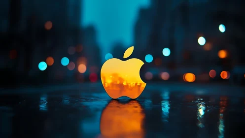 Apple Logo Rendered with Luminous Fire and Reflective Urban Lighting