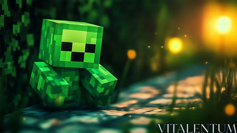 Blocky green creature sits by glowing path at night.