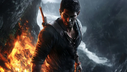 Digital painting of rain-soaked adventurer amid fire and surf.