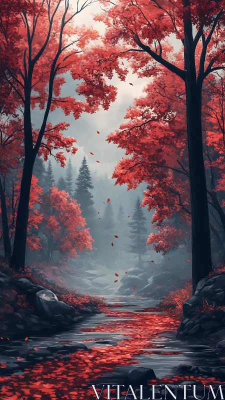 Crimson Forest Passage: Digital Landscape with Autumn Foliage.