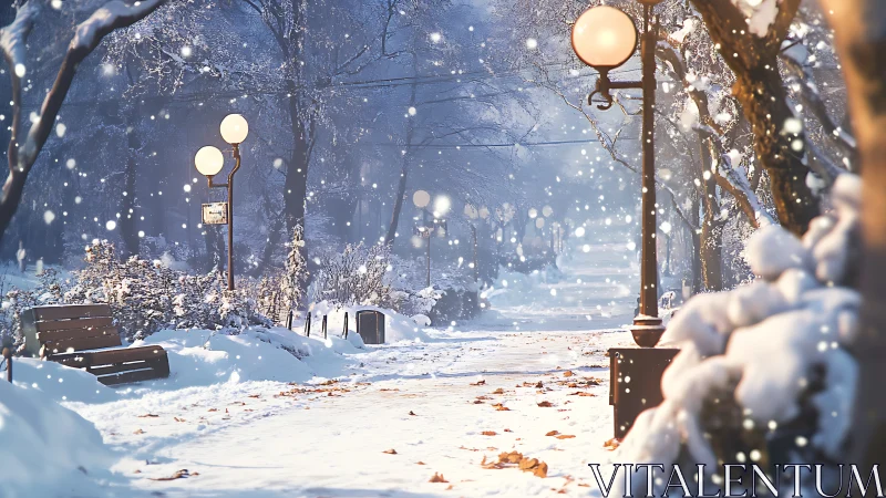 Quiet winter walkway glowing under gentle falling snow.