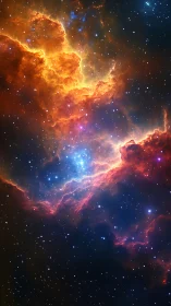 Fiery nebula clouds ignite a luminous starfield in space.