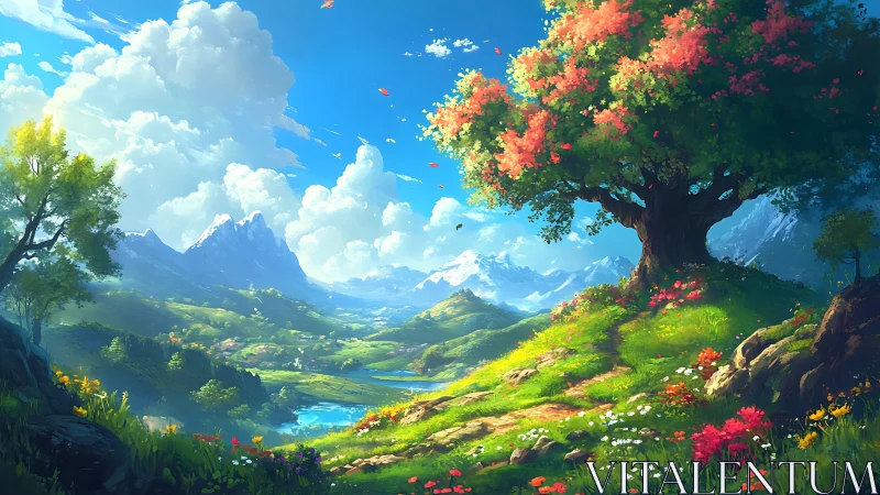 Digital landscape depicts a detailed valley under clear sky