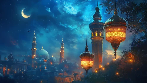 Moonlit mosque skyline with glowing brass lanterns