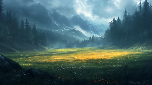 Sunlit mountain meadow glows beneath brooding storm skies.