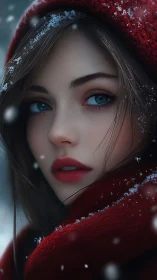Hyperreal winter portrait of woman in red hooded scarf