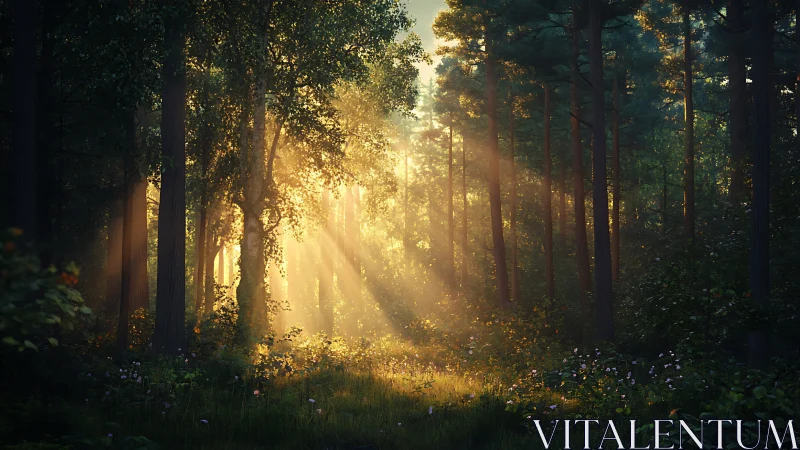 Enchanted Forest Bathed in Golden Sunlight and Mist