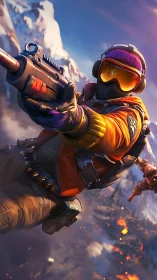 Armed soldier in orange gear descending over snowy combat zone.