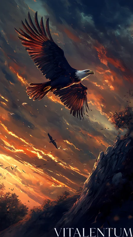 Eagle soaring over burning sunset sky above rocky cliff.