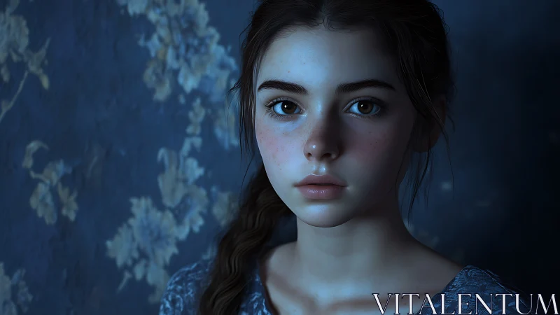 Young girl stands in cool blue light before floral wall