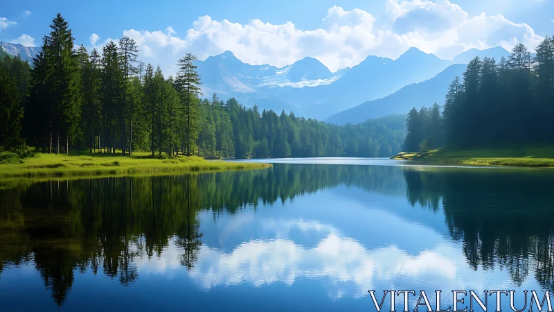 Mountain lake with evergreen forest reflection at midday.