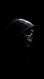 Mysterious hooded skull with glowing red eye in shadow.