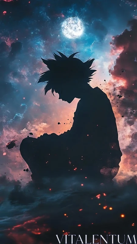 Silhouetted warrior meditates within cosmic storm glow.