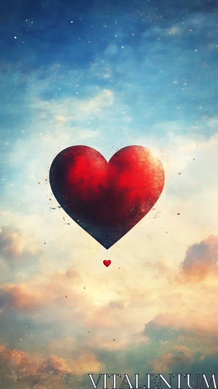 Red heart centered within gradient sky composition.