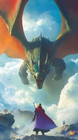 Knight confronts descending dragon above clouded battlefield