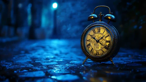 Luminous vintage alarm clock on rain-soaked cobblestones.