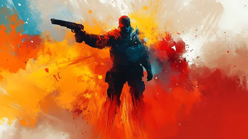 Vivid action hero strides forward through bold color storms