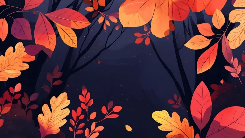 Stylized autumn foliage frames a dark negative-space forest scene