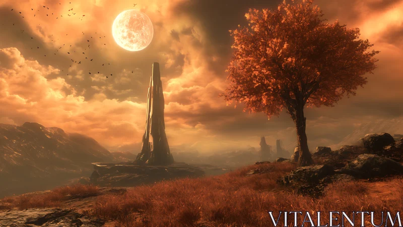 Alien spire and autumn tree under large glowing moon