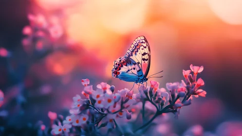 Macro butterfly study on bokeh-lit blossoms with neon dusk palette