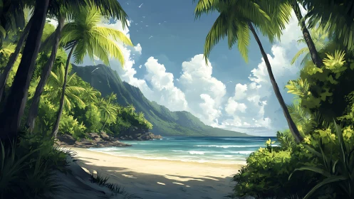 Tropical paradise beach framed by swaying palm trees.