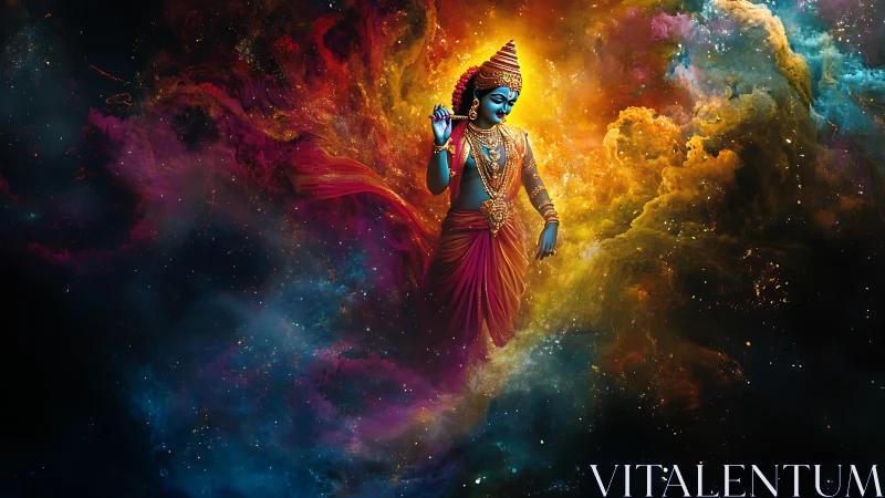 Divine blue deity floats within chromatic cosmic nebula field