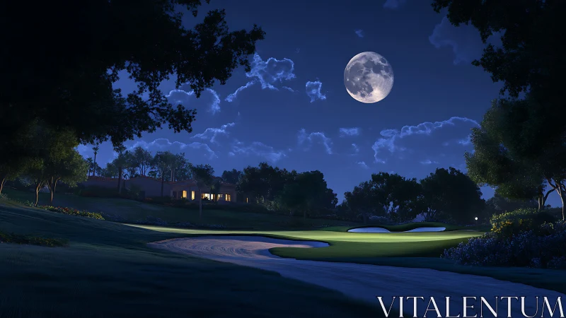 Moonlit golf course fairway with clubhouse and trees at night.