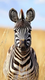 Zebra standing in golden grassland, front portrait view.