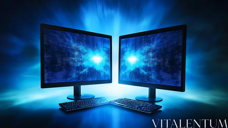 Dual desktop monitors display mirrored blue digital burst