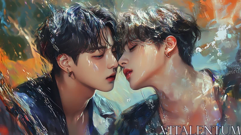 Intimate mirrored youths in vivid abstract digital portrait