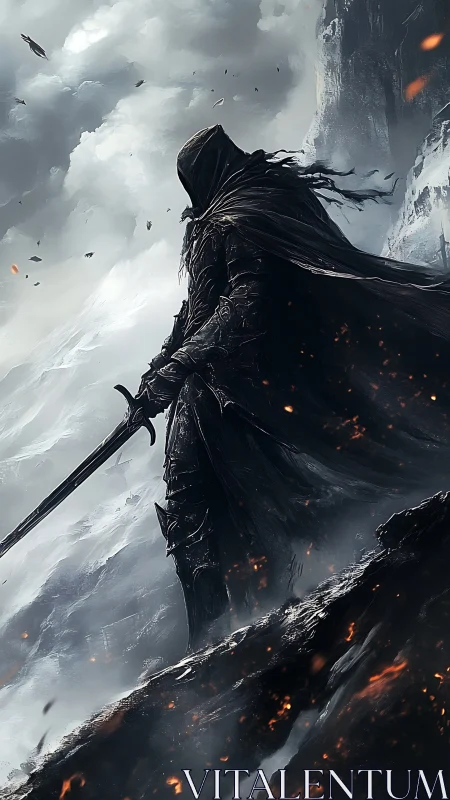 Hooded dark knight on volcanic ridge in snowstorm.