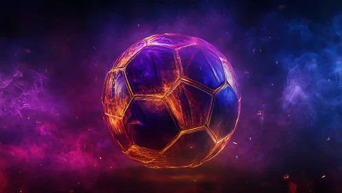 Glowing soccer ball radiates neon energy in swirling smoke.