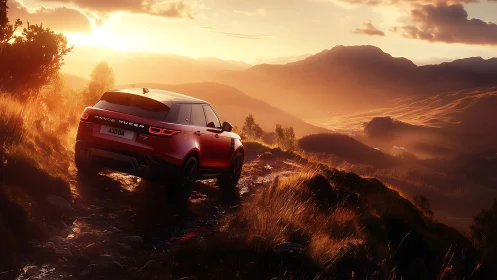 Sunlit red SUV on rocky mountain trail at cinematic sunset