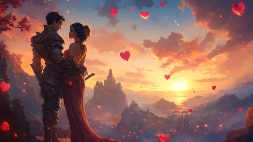 Fantasy Warriors at Golden Sunset Overlooking Mystical Realm.