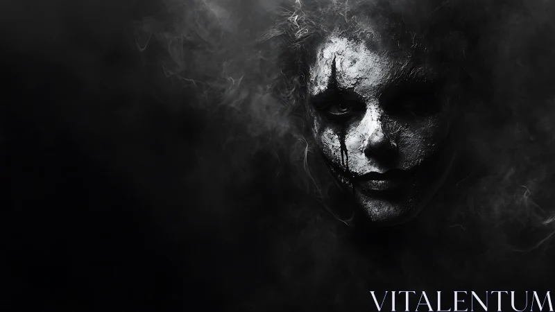 Clown-painted face emerges from dense smoke in darkness