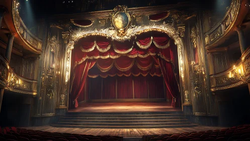 Ornate opera stage with closed red curtains under warm light