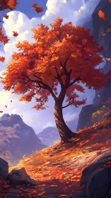 Solitary deciduous tree stands on a rocky autumn hillside