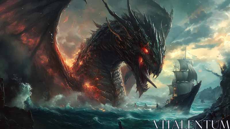 Digital painting seascape with colossal infernal dragon attack.
