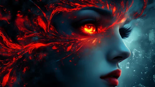 Female profile with molten red eye and abstract energy field.