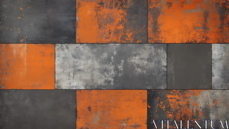 Industrial abstract wall with orange, gray, and black distressed blocks.