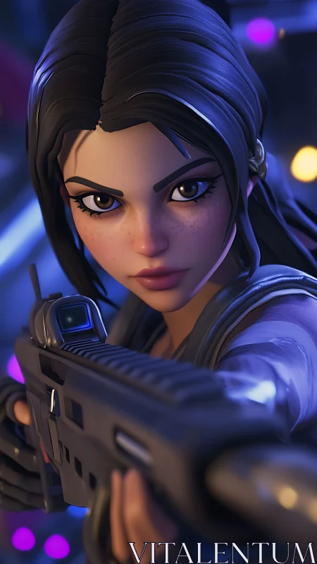Female game-style soldier aiming rifle in neon setting.