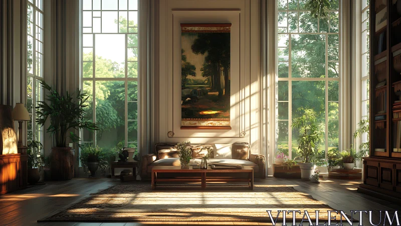 Sunlit double height conservatory lounge with botanical decor